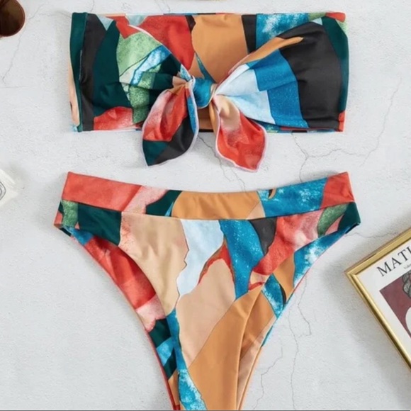 Boho front tie color block abstract print high waisted tube bikini set - Picture 3 of 5